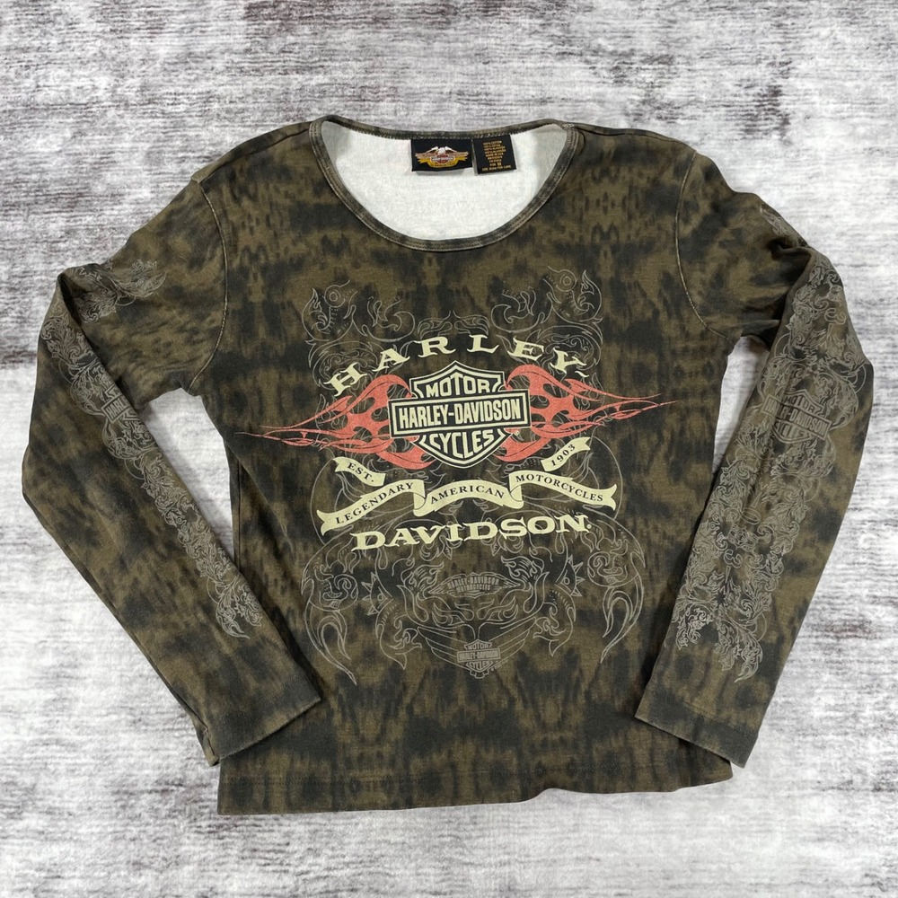 Harley Davidson Womens Long Sleeve Graphic Tee Acid Wash Olive Green Medium USA